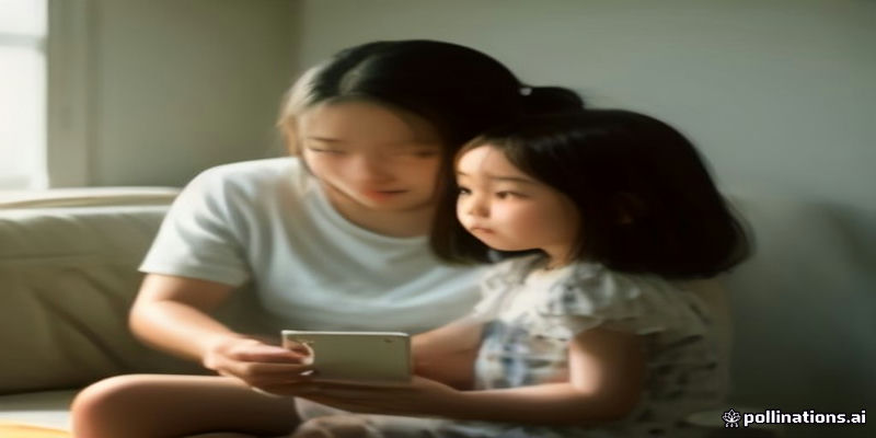 부모와 아이가 함께 휴대폰 설정을 보는 모습
